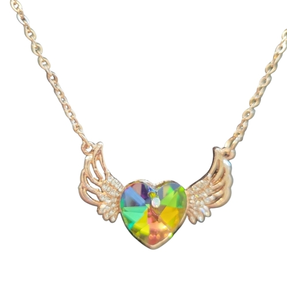 Jewelry - Gold Winged Heart Necklace Rainbow Colors